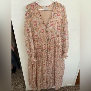 Floral V-Neck Dress in Pink and Cream